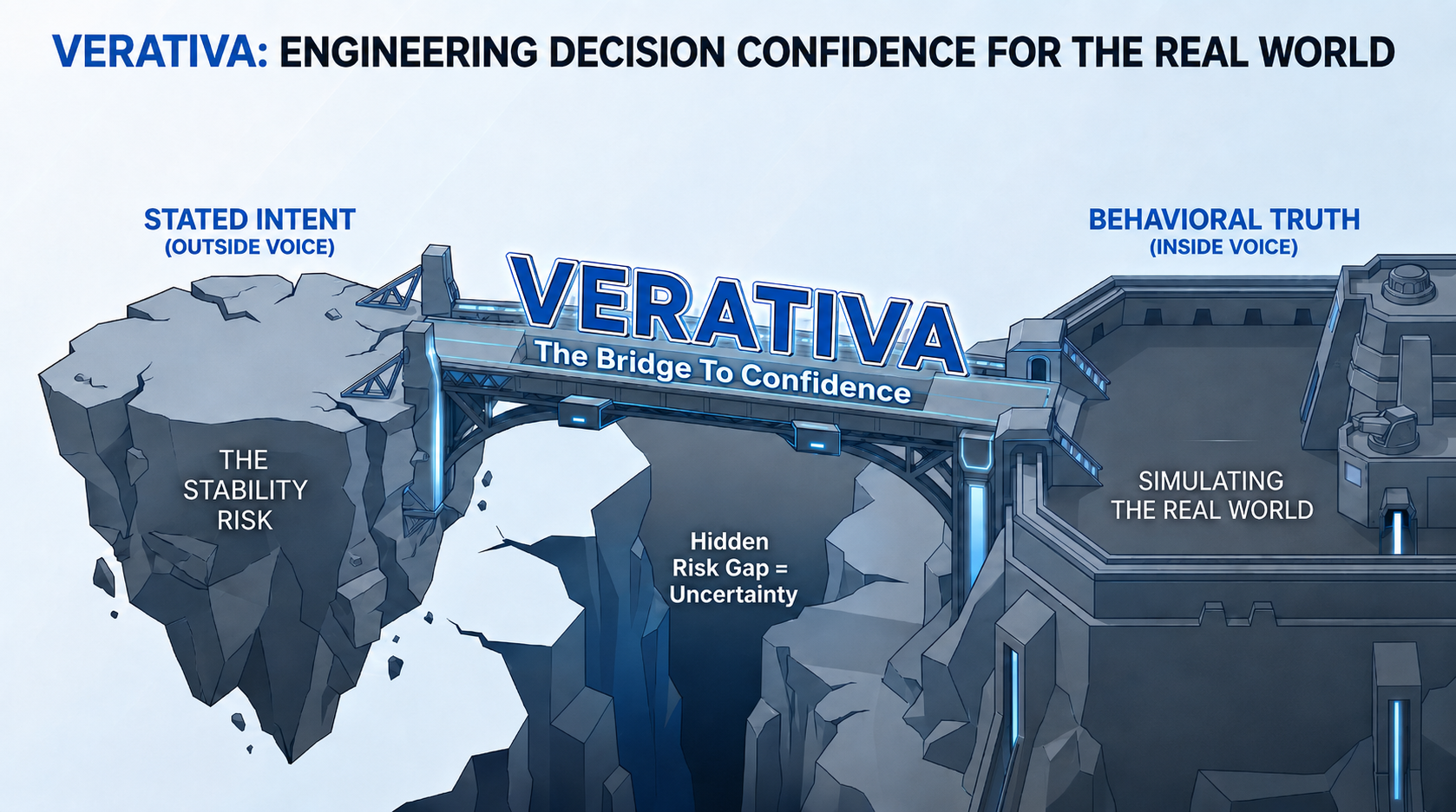 Diagram showing the hidden risk gap between stated intent and behavioral truth, and how Verativa validates decisions in the real world